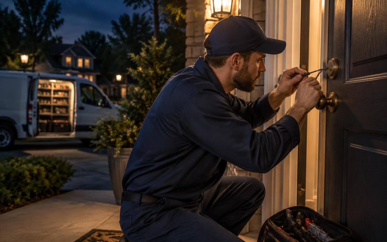 Professional emergency locksmith assisting with an urgent lock situation at a home in Chapel Hill, NC